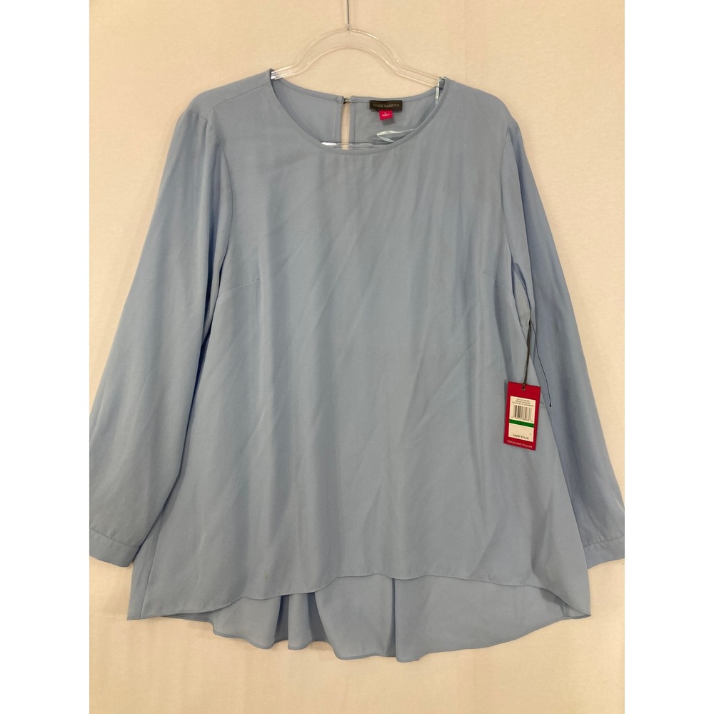 New Vince Camuto Blouse Large Blue Long Sleeve Crepe Preppy Office Work